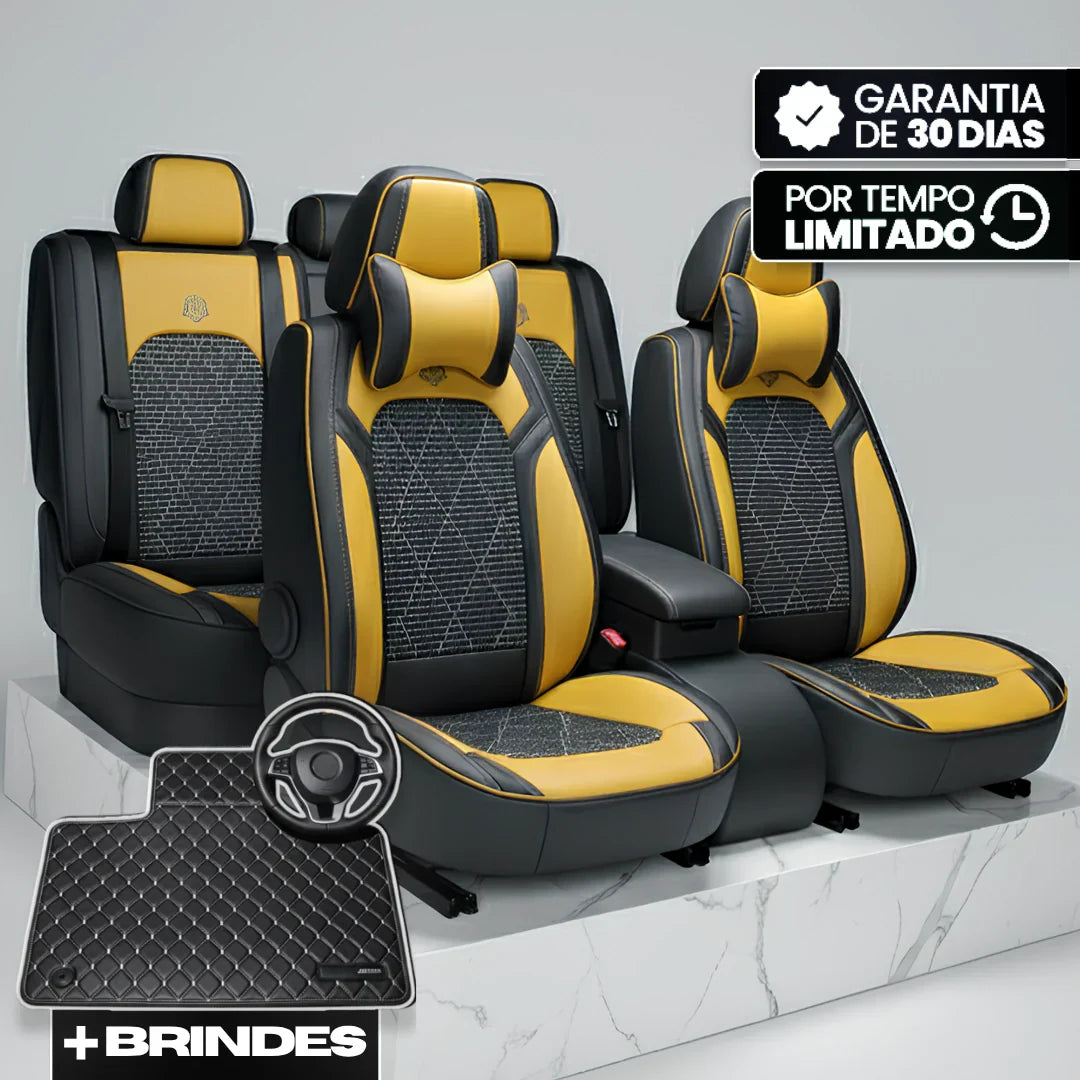 Capa Completa Dominus Automotiva Térmica em Couro Legítimo, Seda Gelada e Malha Extra Forte com Espuma de Memória + Tapete e Capa de Volante GRÁTIS